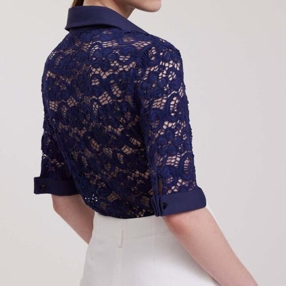 NWT Anne Fontaine Judith Short Sleeve Lace Button Up 3/4 Poplin Sleeve Blouse - Picture 3 of 10